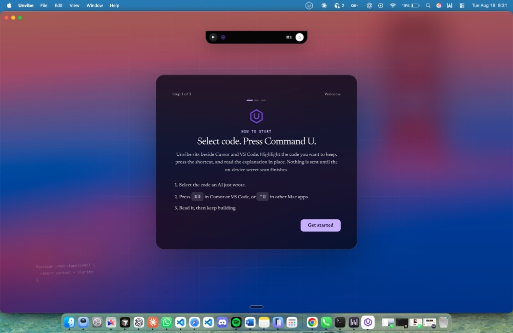 Unvibe welcome screen: select code and press Command U